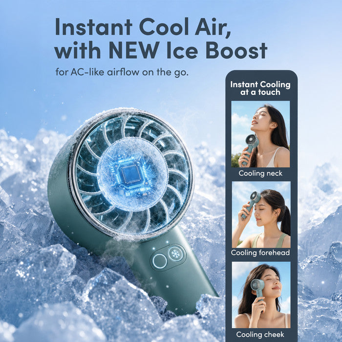 Haze Green handheld mini fan with Ice Boost – instant cooling for neck forehead and cheek

