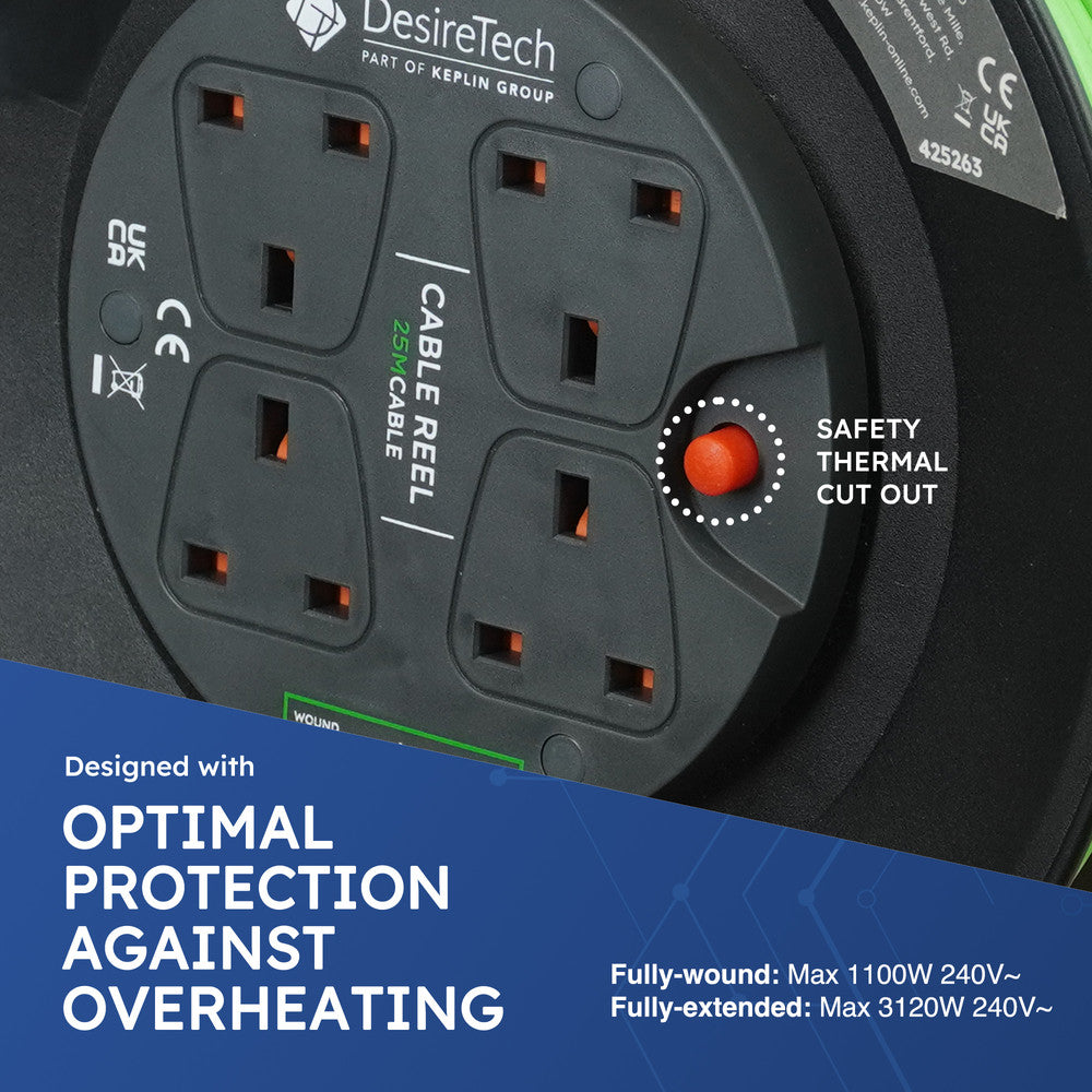 Desiretech Heavy-Duty Portable Cable Reel Extension Lead – 4 Shuttered Sockets, Thermal Cut-Out, Ergonomic Handle, Green/Black – Robust Extension Cord for Indoor Use – image 27