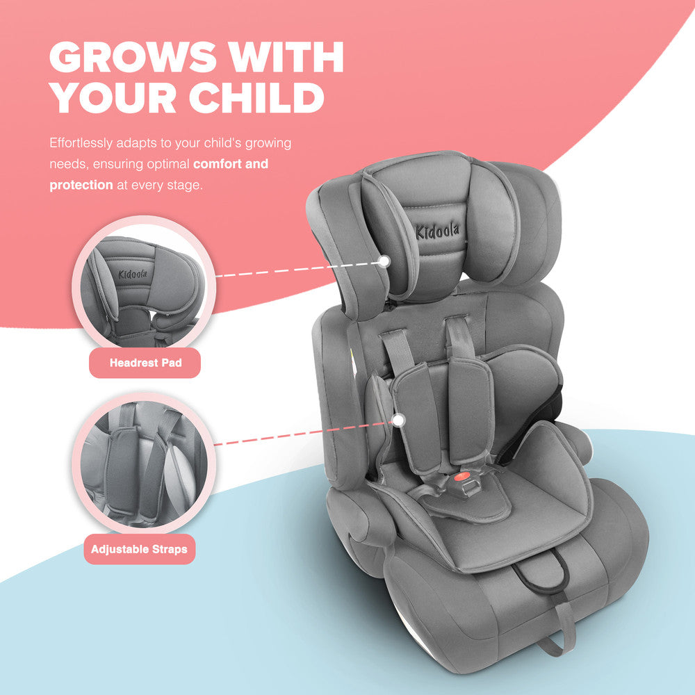 Kidoola Adjustable Car Seat for Toddlers & Children – Safety Certified Booster Seat, Comfortable Padding, 3 Age Functions, ECE R44/04 Certified, Up to 12 Years