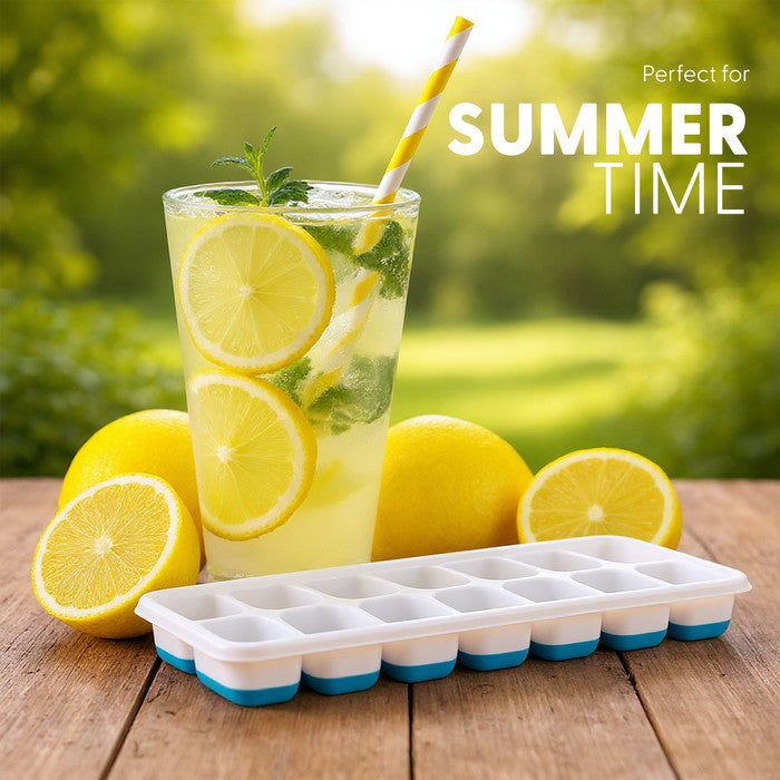 Keplin blue and green silicone ice cube tray next to fresh lemonade with lemon slices, perfect for summer drinks and cocktails