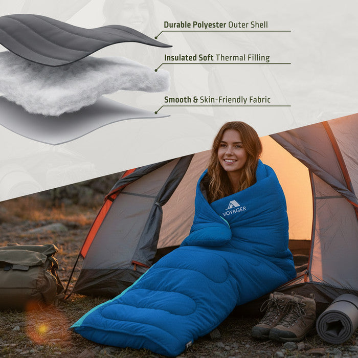 Ocean Haze backpacking sleeping bag feature shot – water-resistant 100% polyester 190×80cm