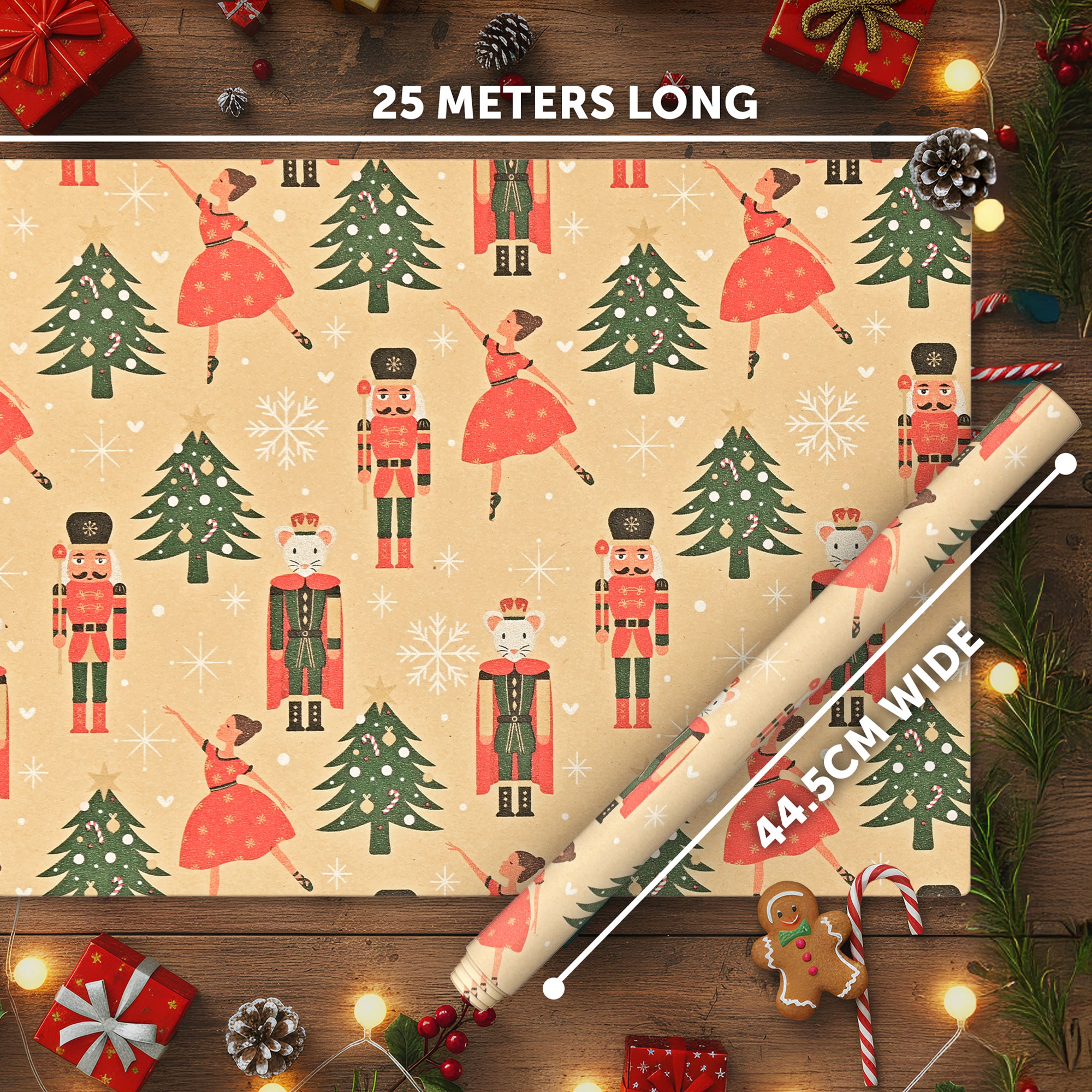 Kraft & Co 2 Pack Christmas Wrapping Paper Roll - Festive Designed Recyclable Kraft Paper, Perfect for Holiday Gifts, Arts & Crafts-Wrapping for a Merry Christmas (44.5cm x 25m)