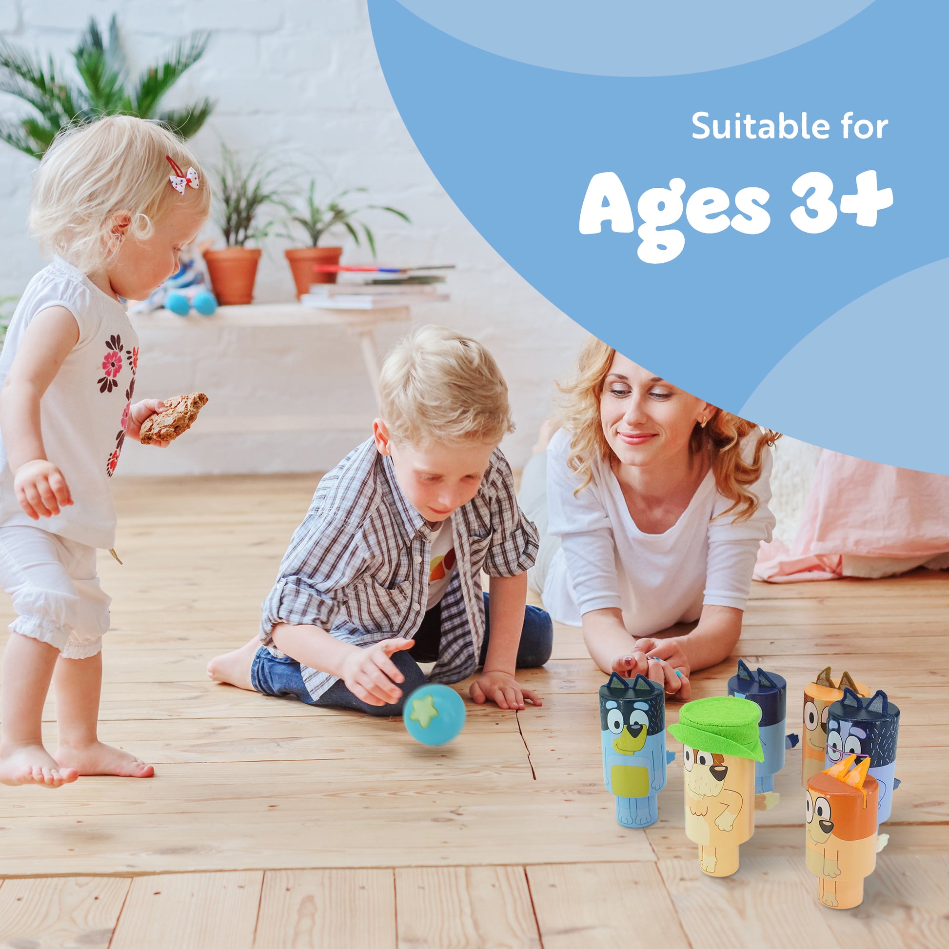 Kids wooden skittles bowling game with Bluey characters – develops hand-eye coordination