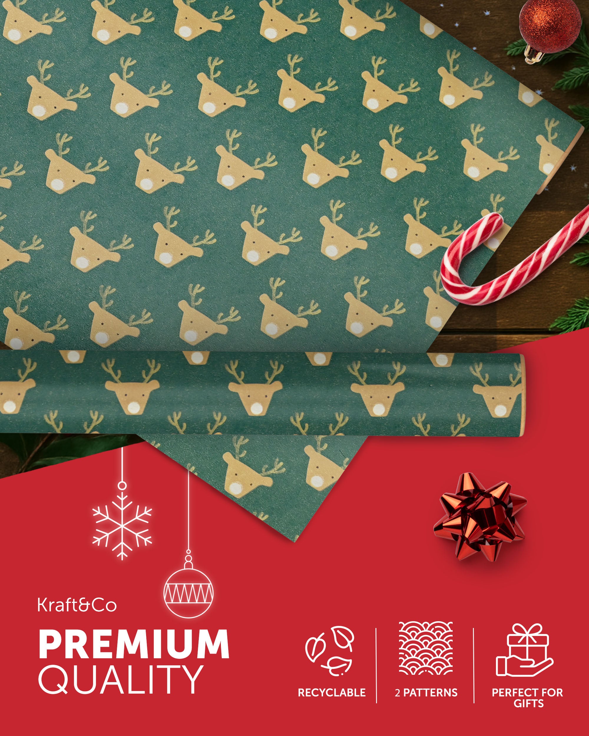 Kraft & Co 2 Pack Christmas Wrapping Paper Roll - Festive Designed Recyclable Kraft Paper, Perfect for Holiday Gifts, Arts & Crafts-Wrapping for a Merry Christmas (44.5cm x 25m)