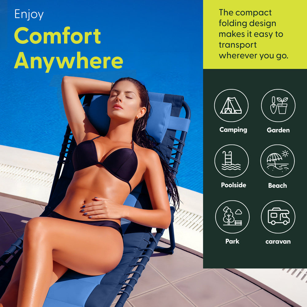Padded Seat Detail on Navy Folding Sun Lounger – Durable 600D Oxford Garden Recliner by Keplin