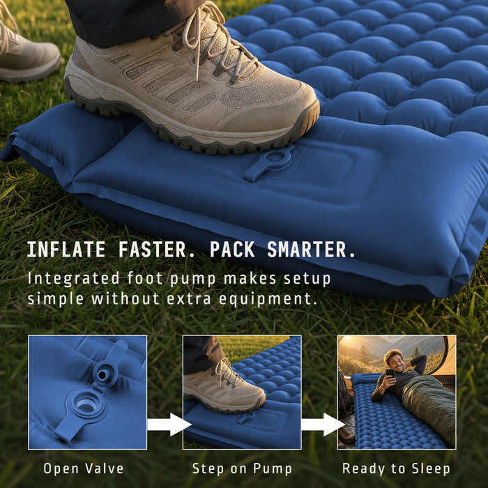 Blue inflatable camping mat foot pump inflation - open valve step pump sleep