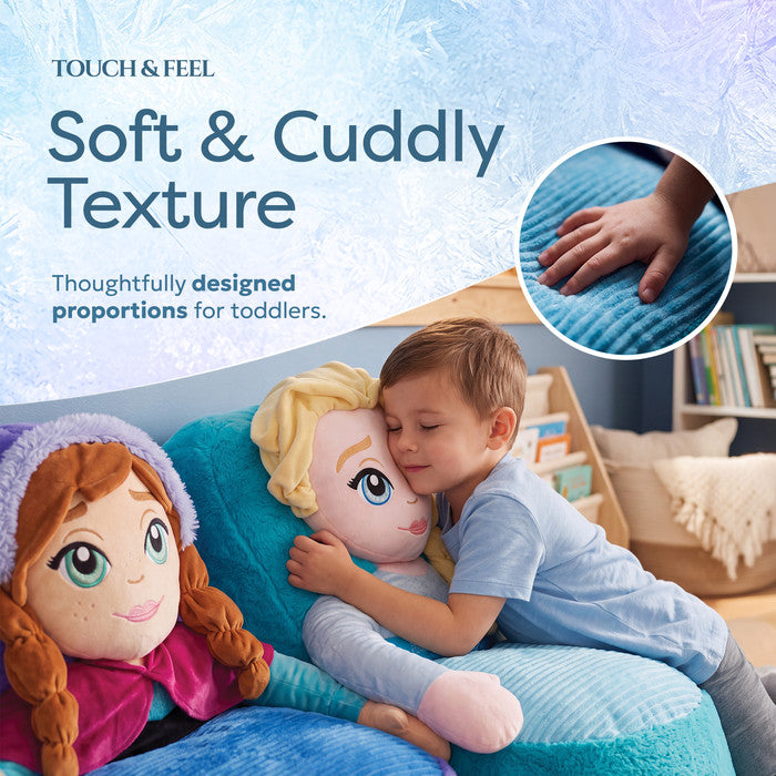 Close-up of soft plush fabric on Disney Frozen Elsa and Anna sofa 