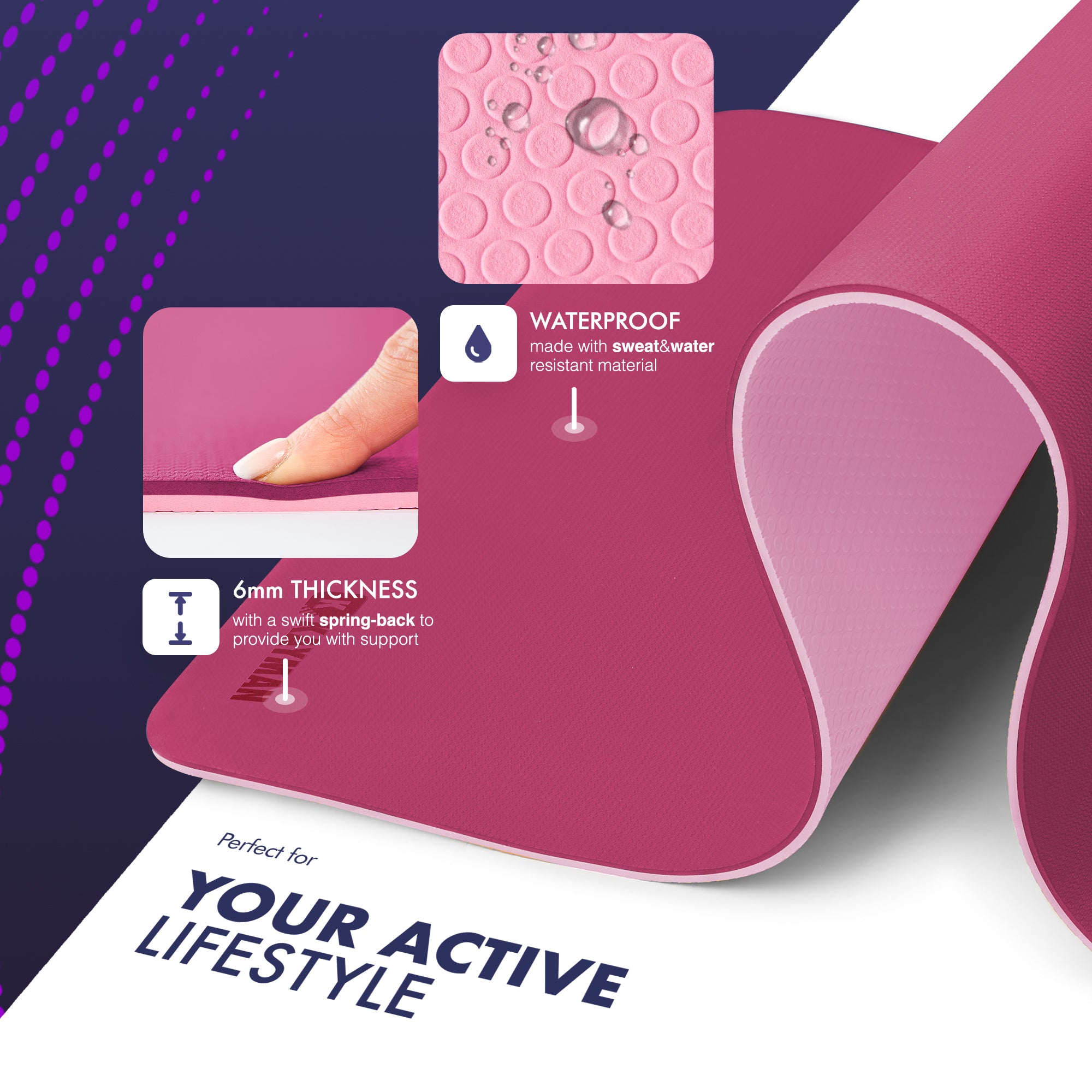 KAYMAN Yoga & Exercise Mat with Carry Strap, Large Non-Slip Comfortable Training & Workout Floor Mat for Home or Outdoor, Gym, Pilates, Gymnastics, HiiT, Stretching & Meditation