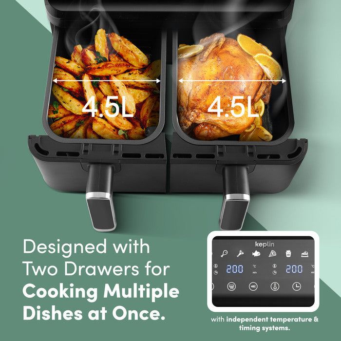 9L Dual Zone Air Fryer - 8-in-1 Cooking Functions - 2700W Energy-Saving Cooker - Family Size
