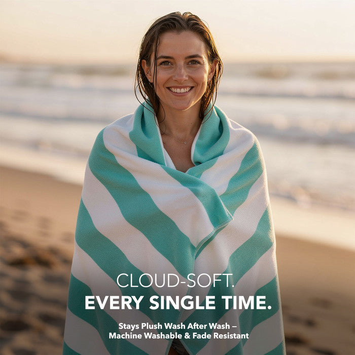 Turquoise beach towel rolled up small – fits easily in bag, ultra-lightweight