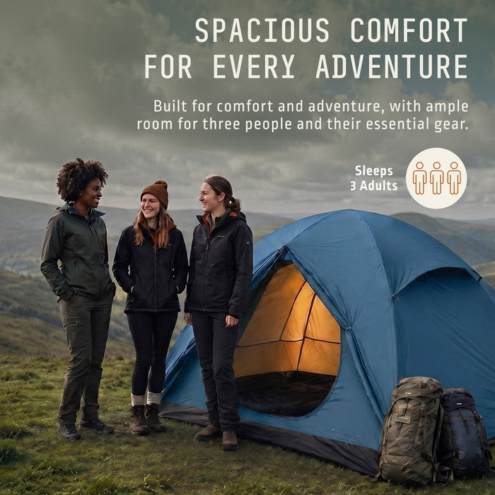 Spacious 3 person tent sleeping 3 adults, dome camping tent for hiking backpacking