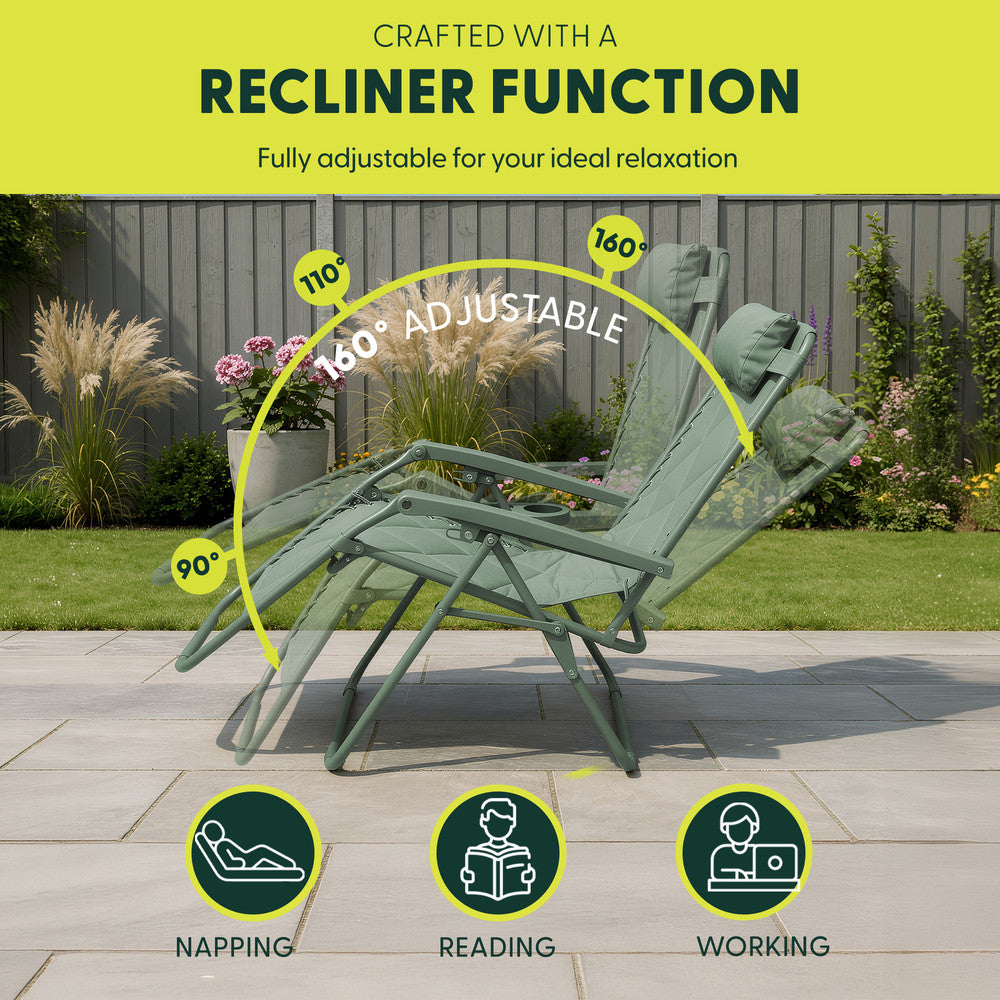 KEPLIN Set of 2 XXL Premium Heavy Duty Quilted Zero Gravity Chairs - Luxurious Garden Recliners, Adjustable Headrest, Cup & Phone Holder, Foldable, Easy to Clean Patio Sun Loungers