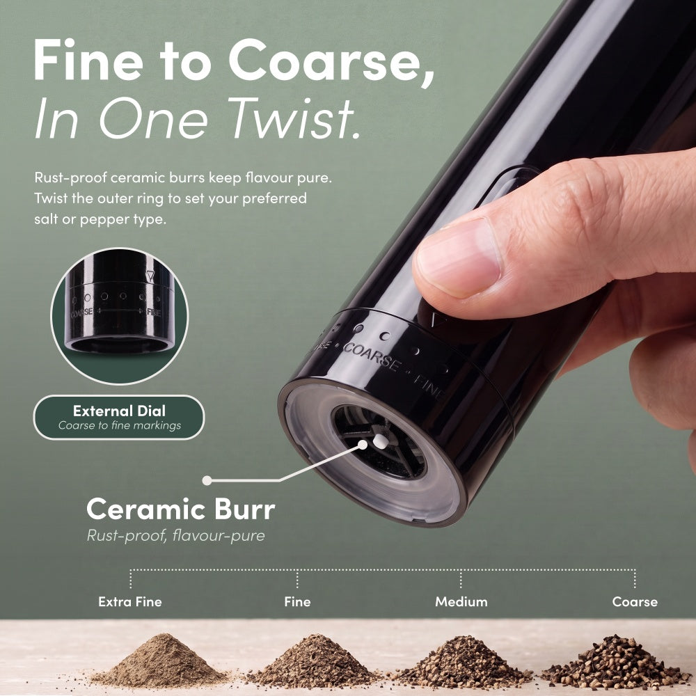 Close-up of the ceramic burr and external coarseness dial with ground pepper from extra fine to coarse