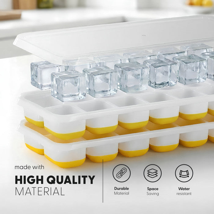 Two yellow Keplin silicone ice cube trays stacked with spill-proof lid and clear ice cubes, durable space-saving water-resistant freezer mould