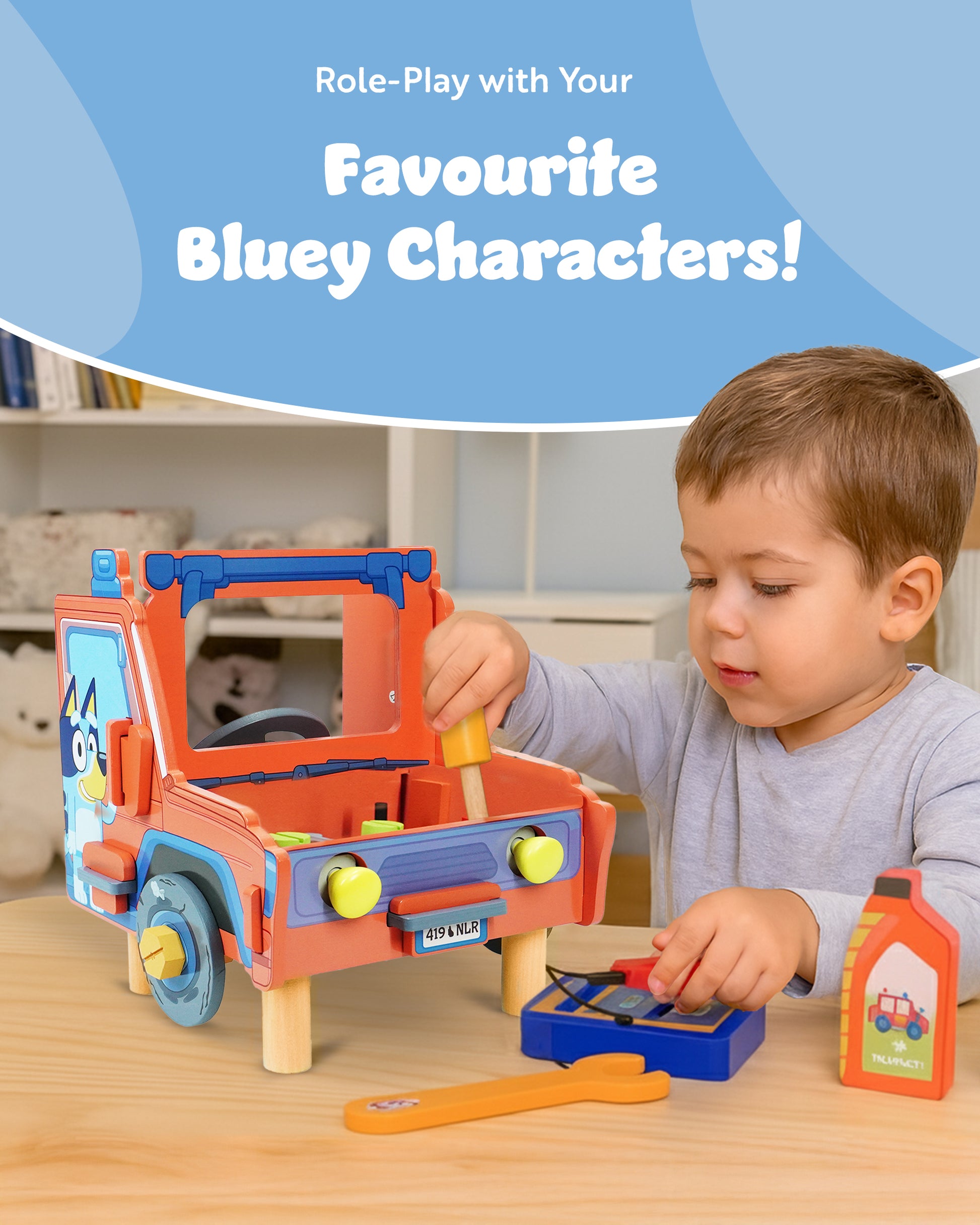 Bluey tabletop mechanic toy with body panels and windscreen wash – wooden roleplay set for kids