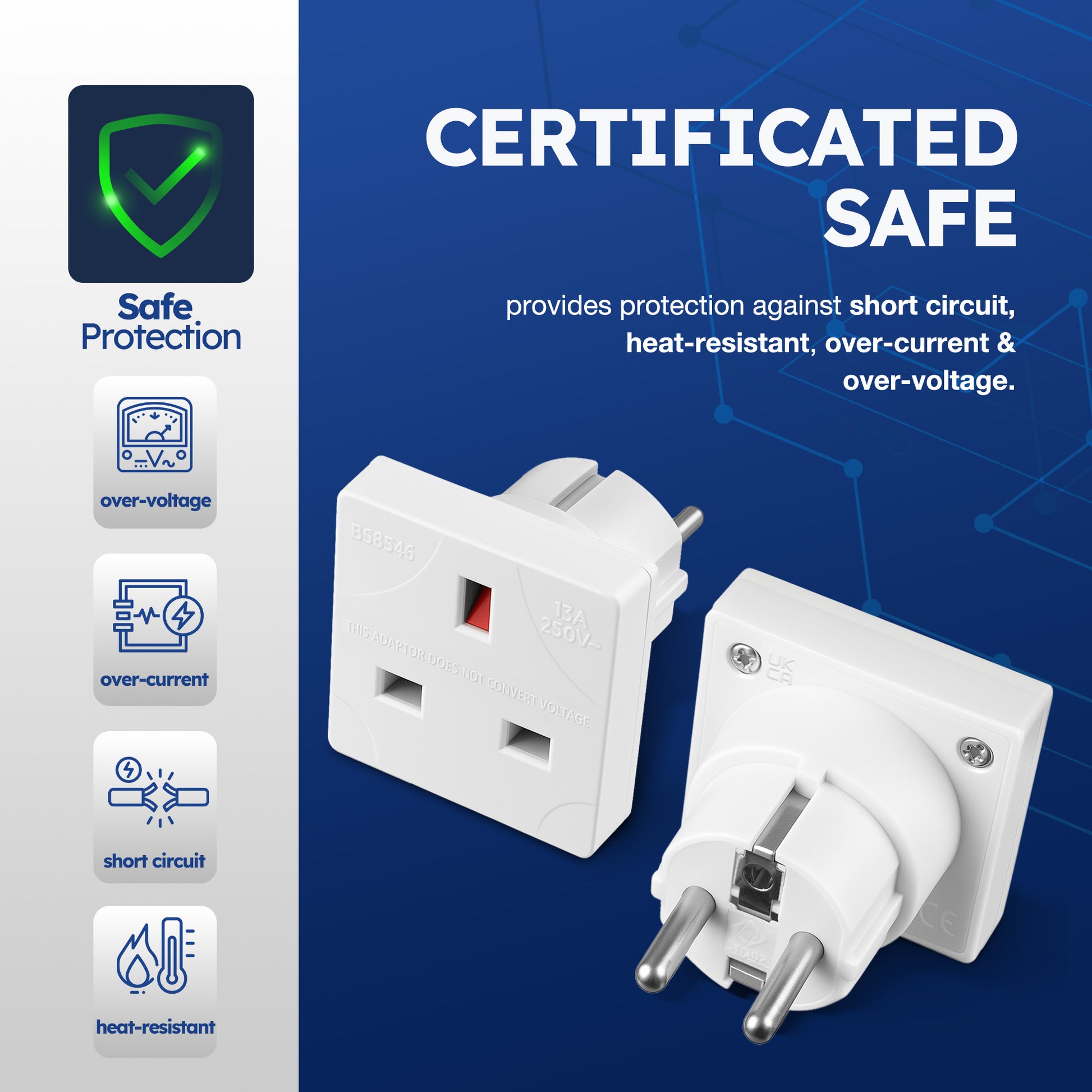 Desiretech - EU Travel Adaptor - 1 Pack - UK 3 Pin to EU 2 Pin Plug - 16A, 250V - Compact & Portable - CE Certified, Safe, Heat-Resistant - Travel Accessory for European Trips - White – image 5