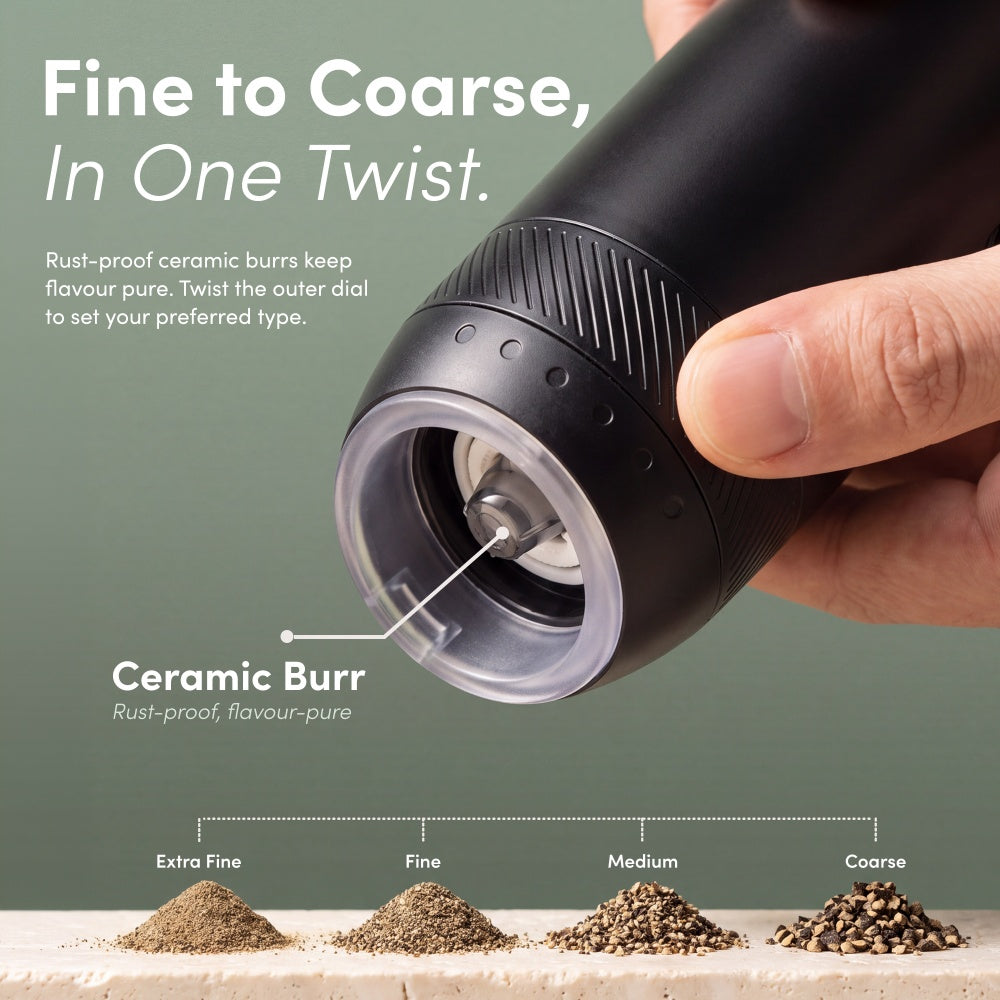 Close-up of the ceramic burr and outer dial with ground pepper from extra fine to coarse