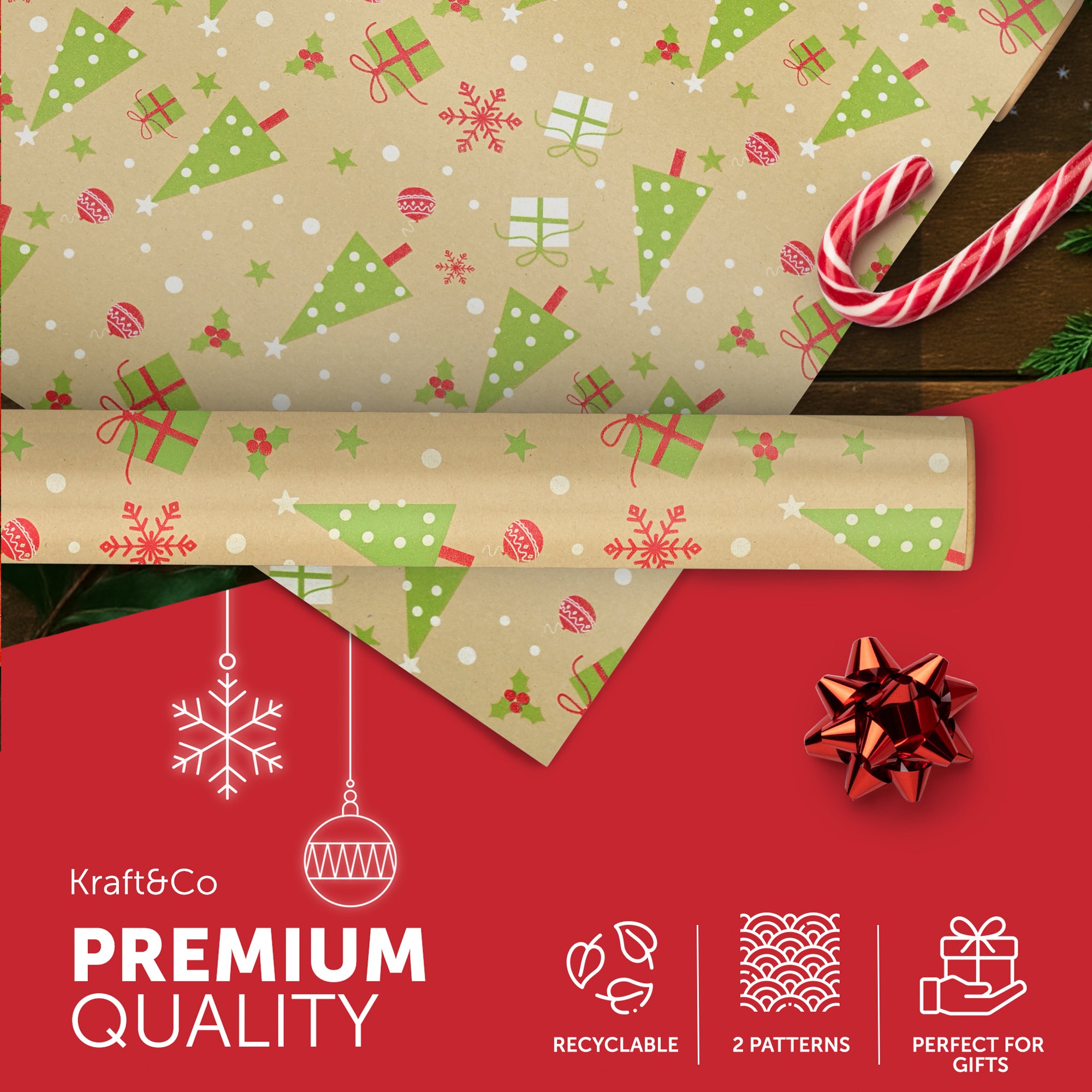 Kraft & Co 2 Pack Christmas Wrapping Paper Roll - Festive Designed Recyclable Kraft Paper, Perfect for Holiday Gifts, Arts & Crafts-Wrapping for a Merry Christmas (44.5cm x 25m)