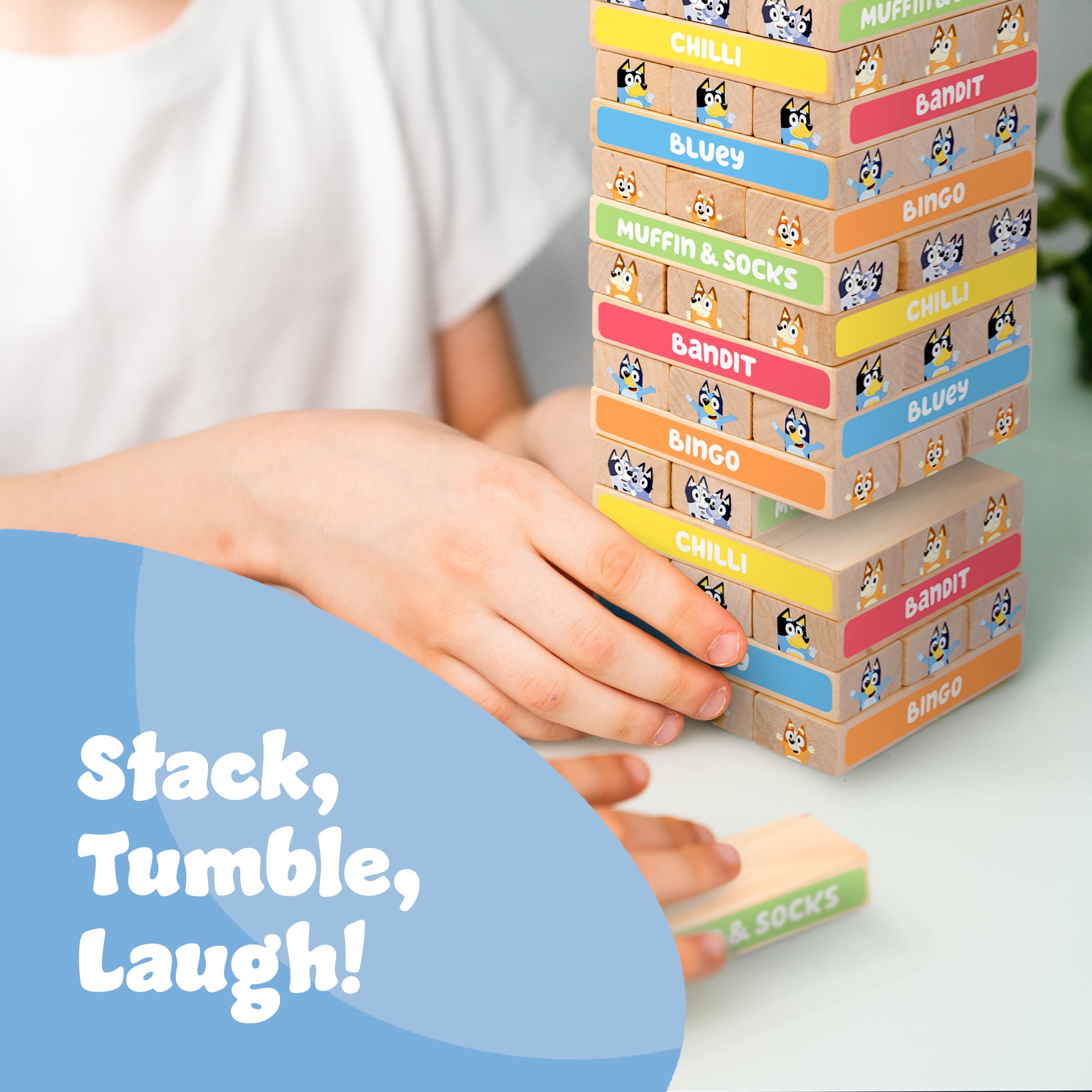 Bluey Tumbling Tower Game - 54 Colourful FSC-Certified Wooden Blocks, Hand-Eye Coordination & Motor Skills Family Game, Eco-Friendly Fun for Kids Aged 3+, Durable & Non-Toxic