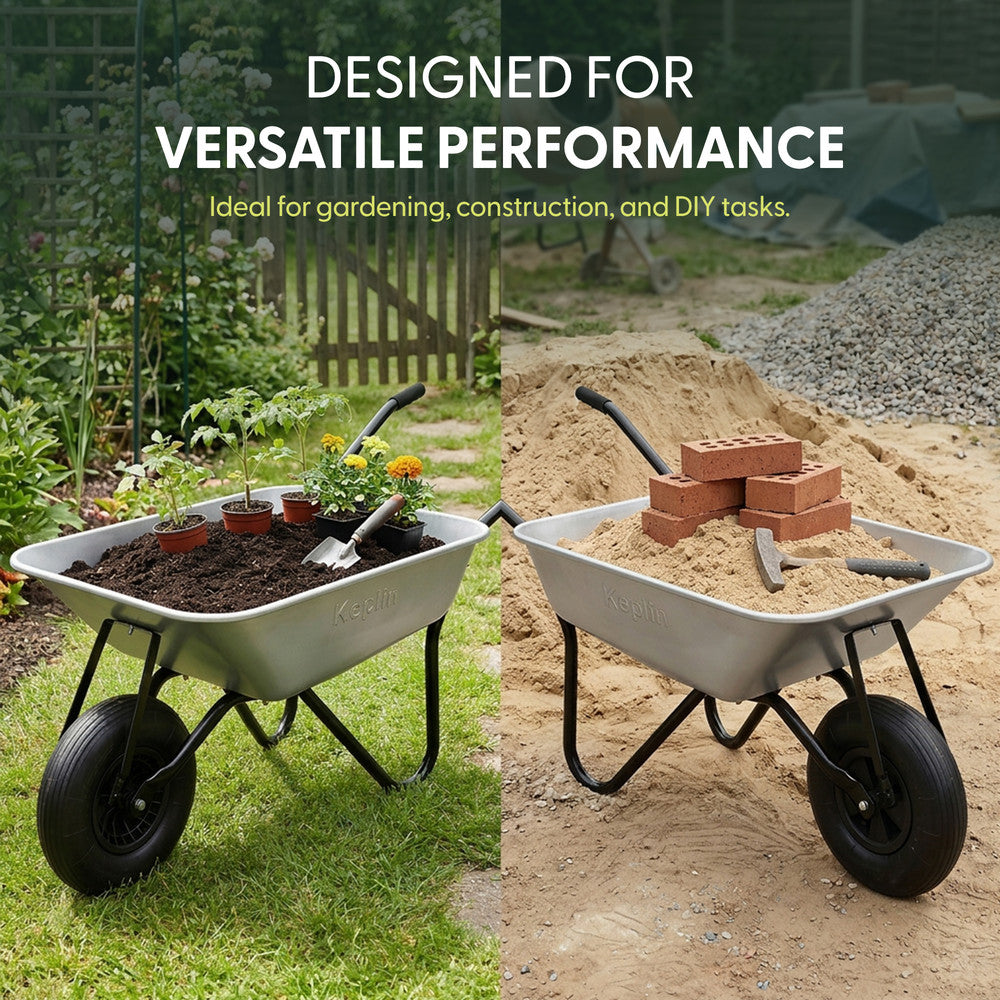 Heavy duty wheelbarrow 142.5cm high – easy loading and tipping for gardening and renovation tasks