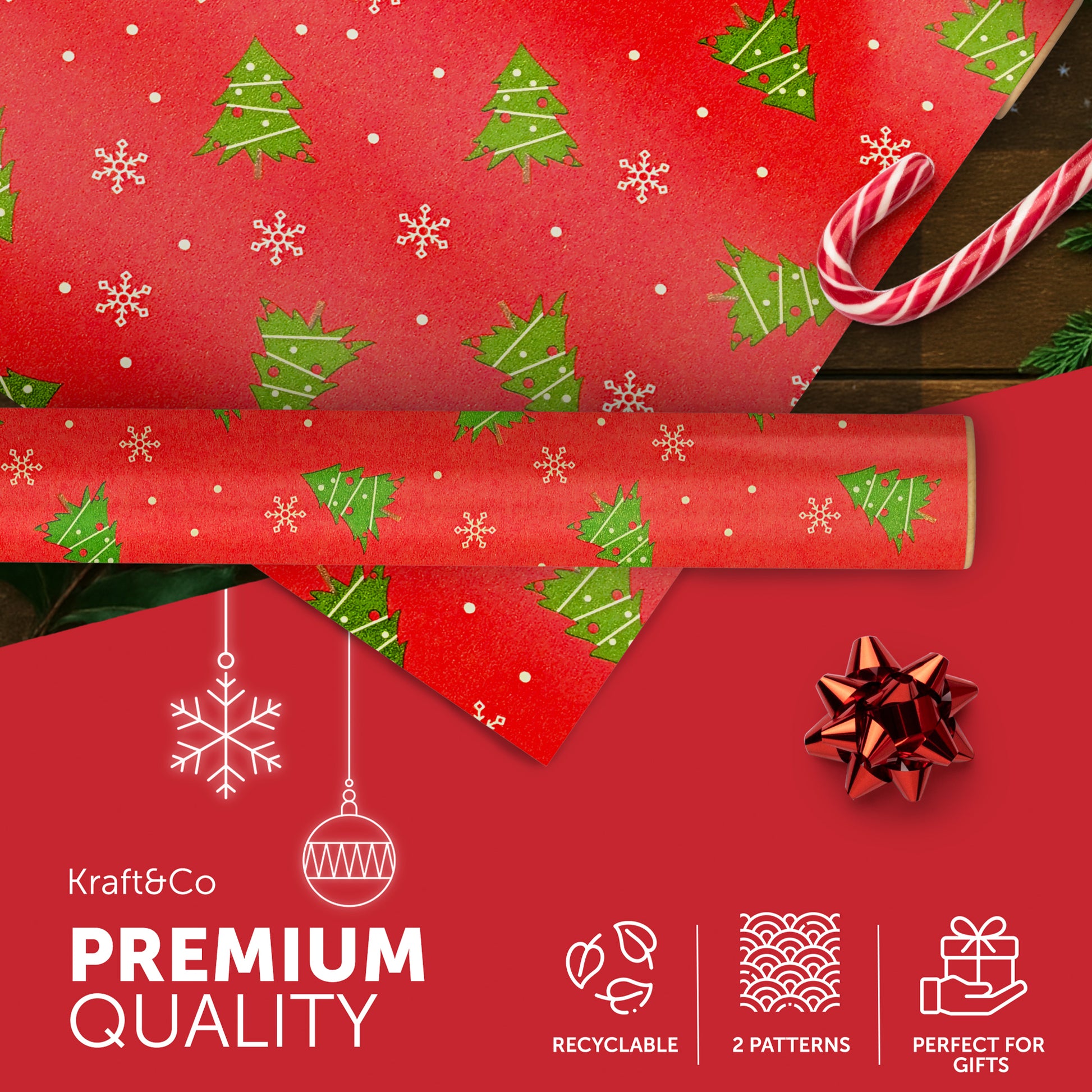 Kraft & Co 2 Pack Christmas Wrapping Paper Roll - Festive Designed Recyclable Kraft Paper, Perfect for Holiday Gifts, Arts & Crafts-Wrapping for a Merry Christmas (44.5cm x 25m) – image 11