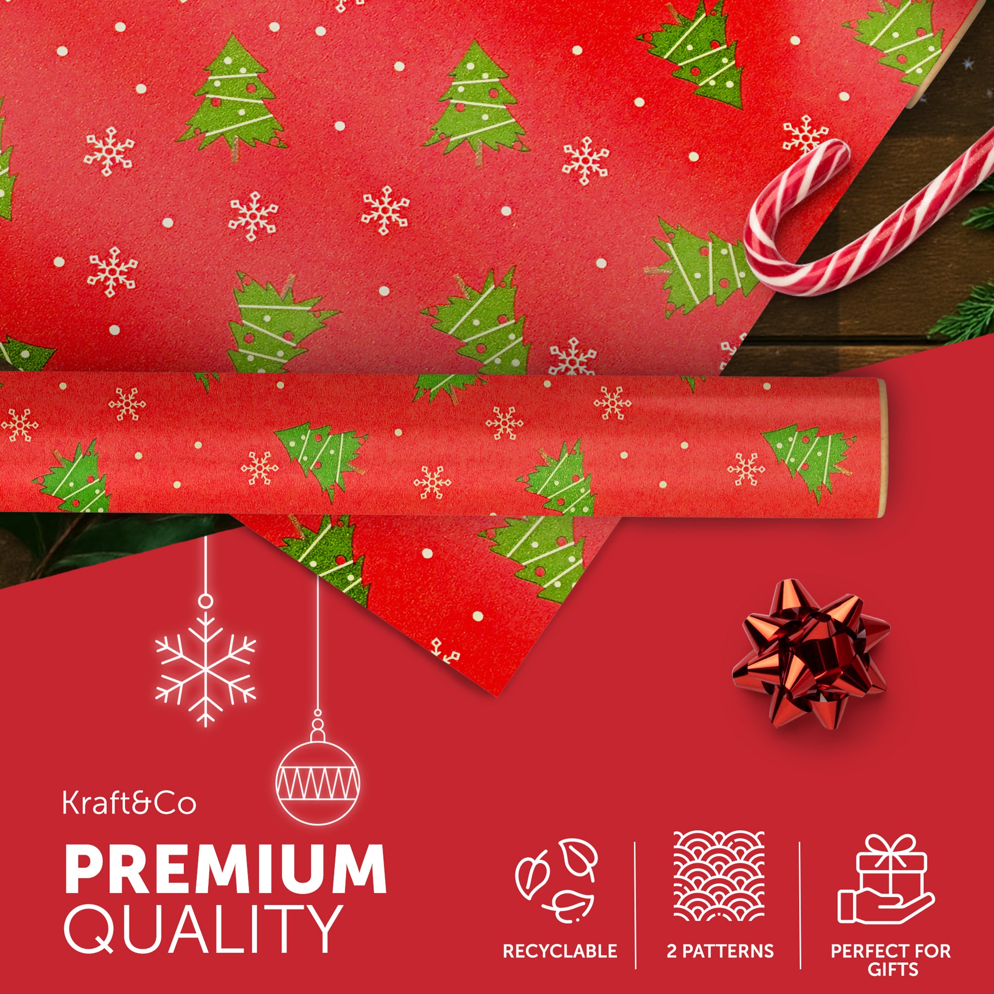 Kraft & Co 2 Pack Christmas Wrapping Paper Roll - Festive Designed Recyclable Kraft Paper, Perfect for Holiday Gifts, Arts & Crafts-Wrapping for a Merry Christmas (44.5cm x 25m)