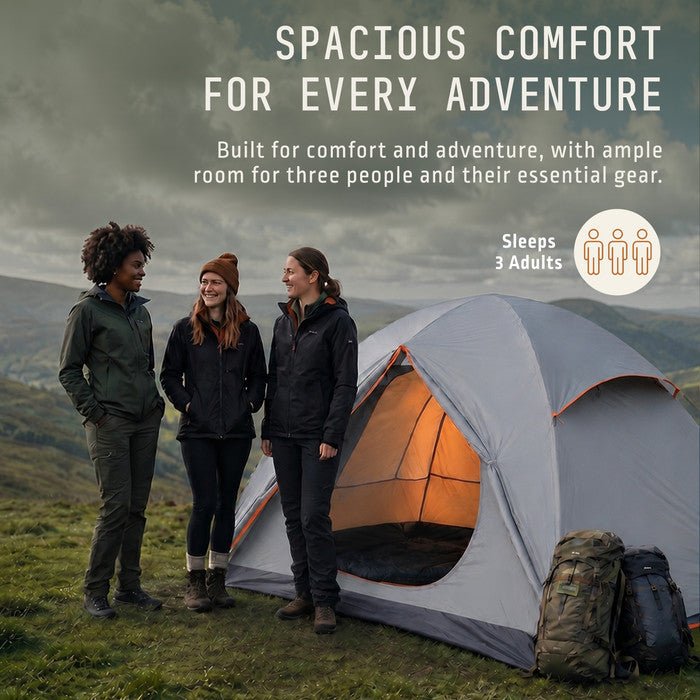 Spacious 3 person tent sleeping 3 adults, dome camping tent for hiking backpacking
