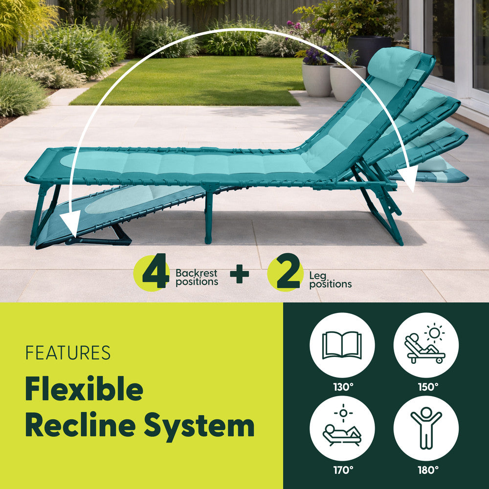 Teal Folding Sun Lounger Reclined – 4 Locking Reclining Positions Padded Garden Recliner
