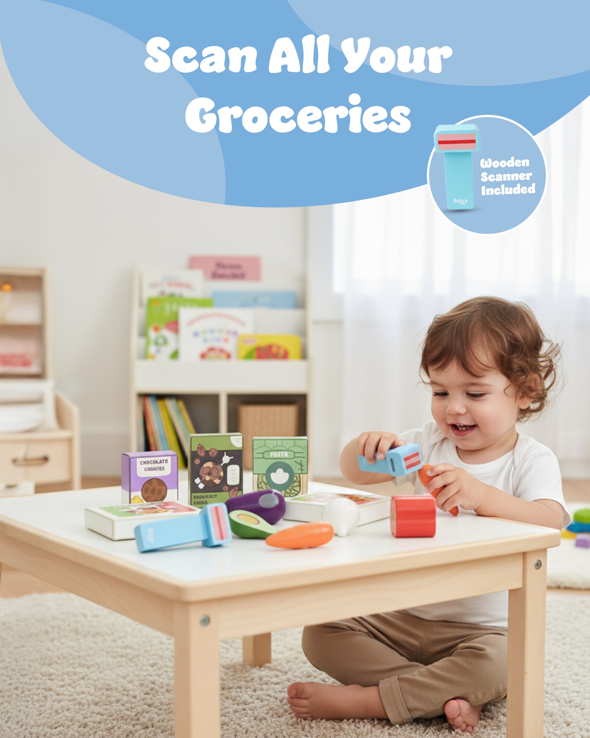 Kids Bluey shopping trolley with included play shopping goods