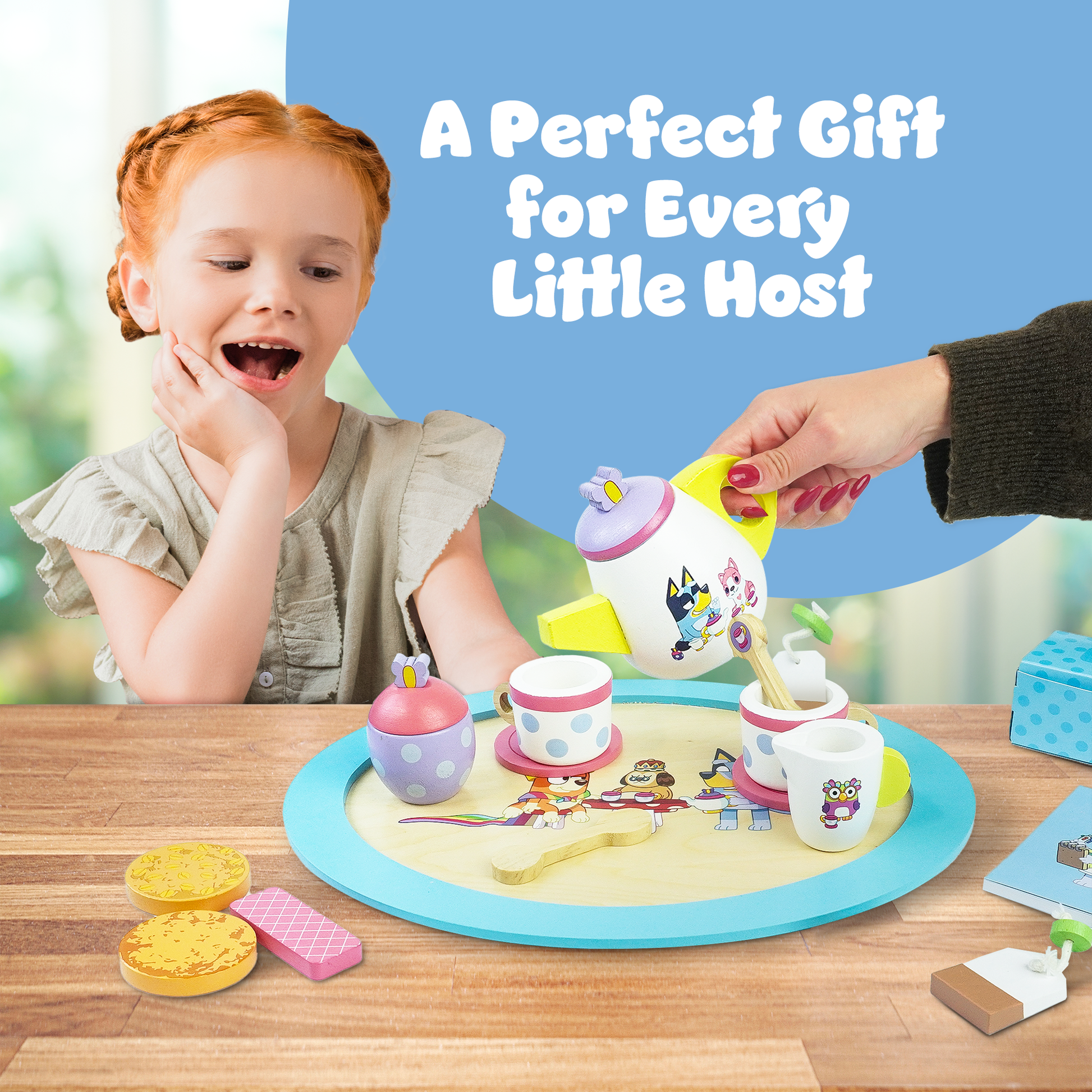 Bluey tea set with teaspoons, notepad and pencil – complete 18-piece wooden roleplay toy for children
