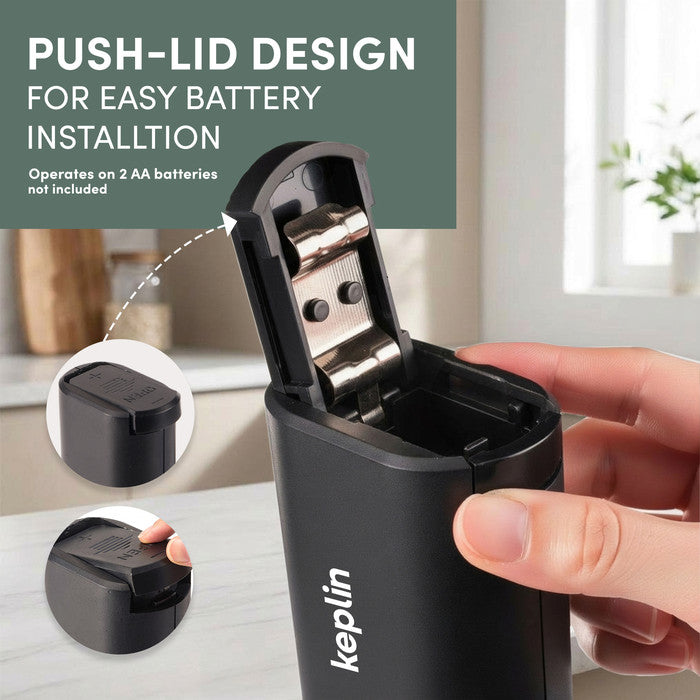 Milk frother with push-lid battery compartment open showing 2 AA battery slots