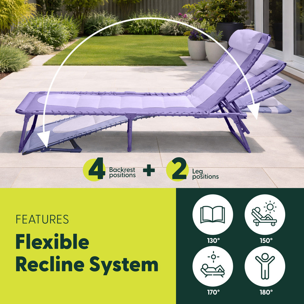 KEPLIN Foldable Sun Lounger Chair - Outdoor Garden Recliner with Color Block Design, 4 Position Adjustable Backrest, Padded 600D Oxford Fabric, Portable Patio Camping Deck Chair 110kg