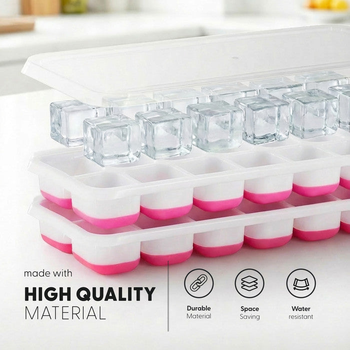 Two pink Keplin silicone ice cube trays stacked with spill-proof lid and clear ice cubes, durable space-saving water-resistant freezer mould