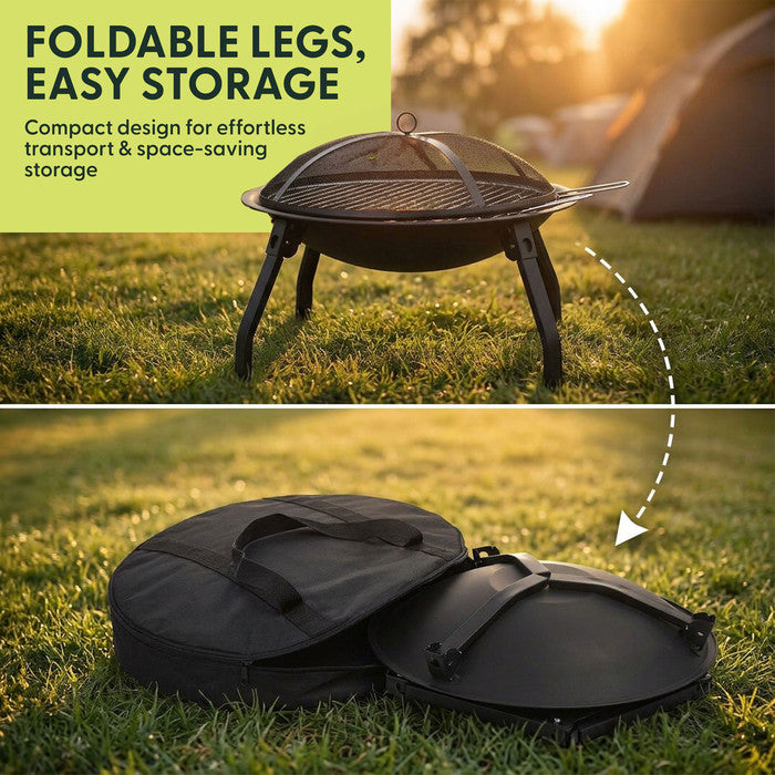Portable fire pit folded flat to 14cm for storage in carry bag