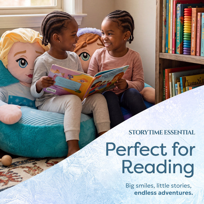Two children reading a book together on Disney Frozen Elsa and Anna sofa
