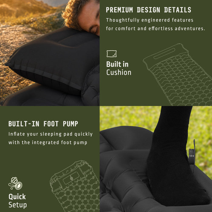 Voyager black camping mat built-in pillow and integrated foot pump close-up