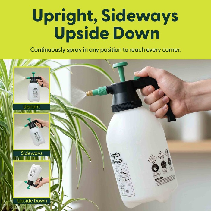 Pressure sprayer used upright, sideways and upside down to spray indoor plant