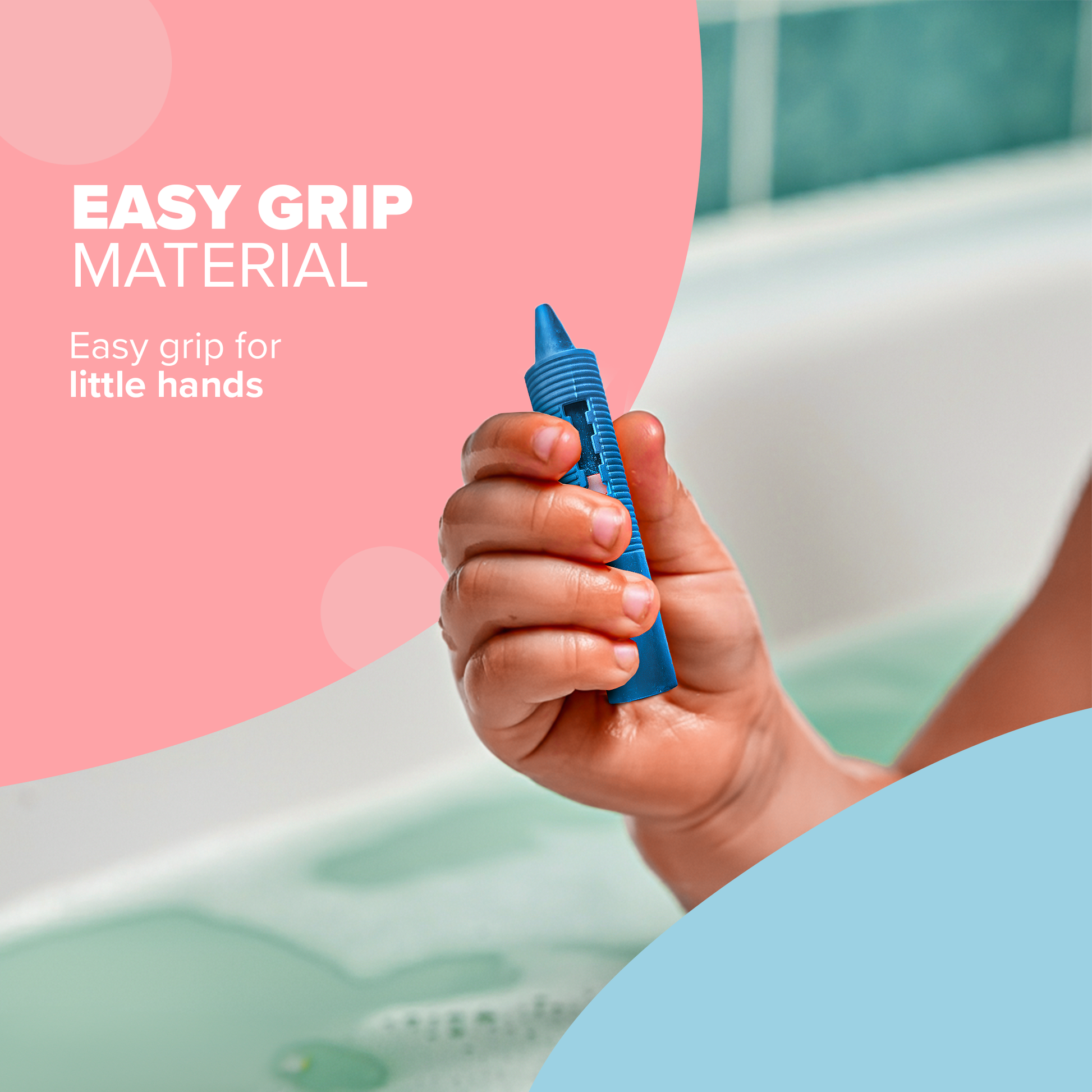 Bath crayon pen ribbed grip design – easy for toddlers to hold, adjustable height for last-drop use
