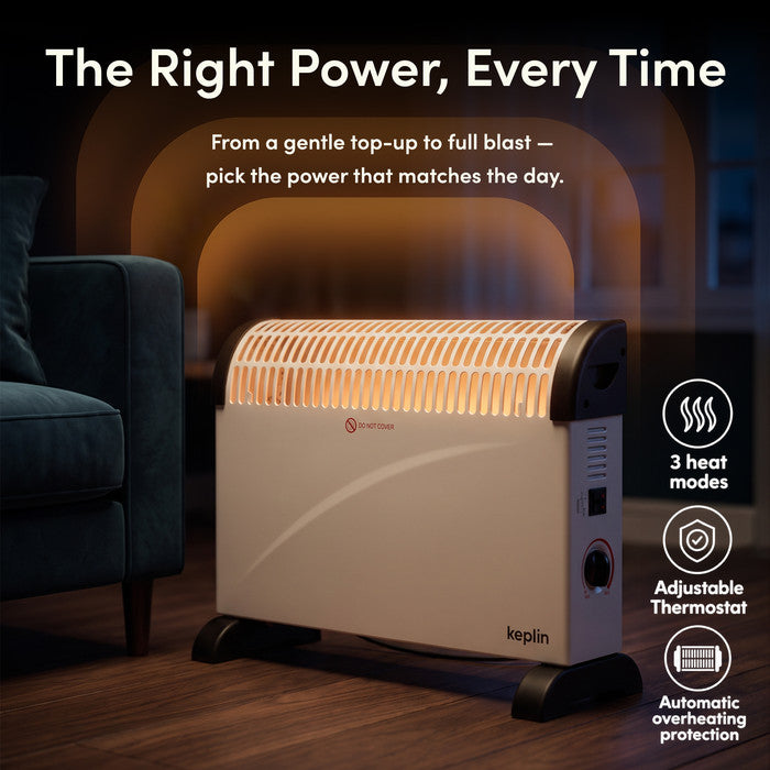 White convector heater glowing on in living room with 3 heat modes, adjustable thermostat and overheat protection icons