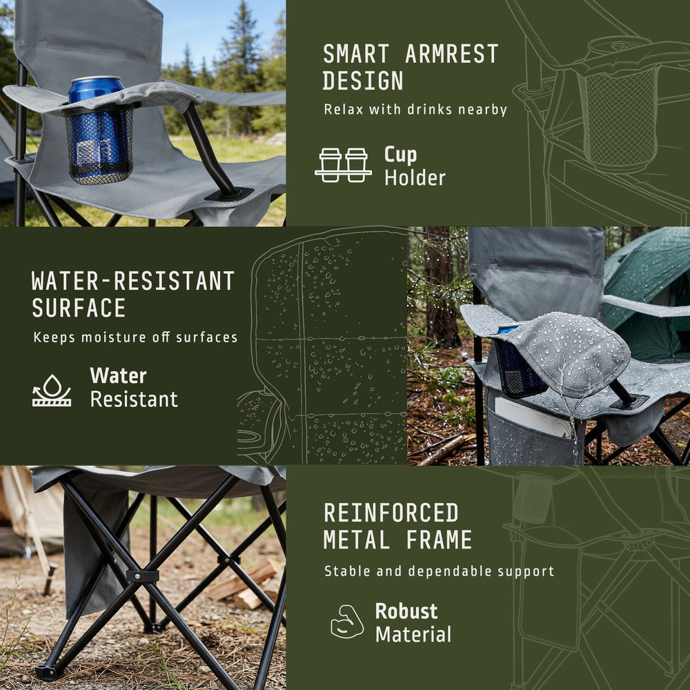Padded folding camping chairs 2-pack grey 55cm wide – full-size outdoor seats for campsites and beach UK