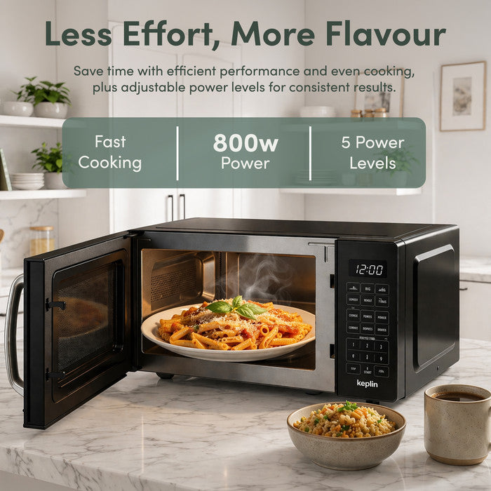 Black microwave oven open on kitchen counter – 800W fast cooking, 5 power levels