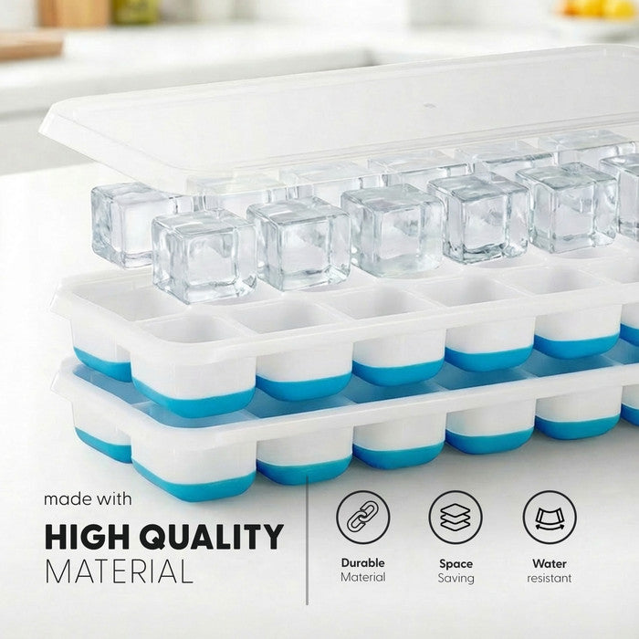 Two blue Keplin silicone ice cube trays stacked with spill-proof lid and clear ice cubes, durable space-saving water-resistant freezer mould