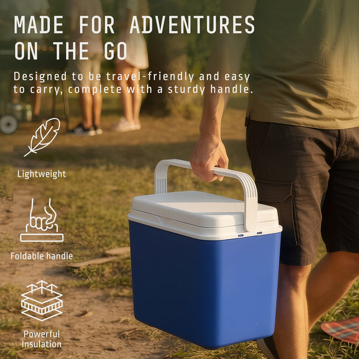 Man carrying lightweight 24L cool box by its sturdy foldable handle outdoors