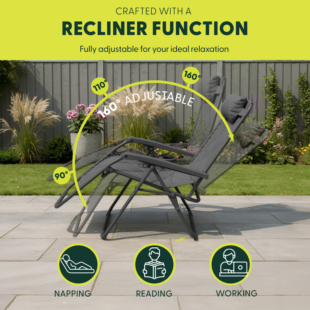 KEPLIN Set of 2 XXL Premium Heavy Duty Quilted Zero Gravity Chairs - Luxurious Garden Recliners, Adjustable Headrest, Cup & Phone Holder, Foldable, Easy to Clean Patio Sun Loungers