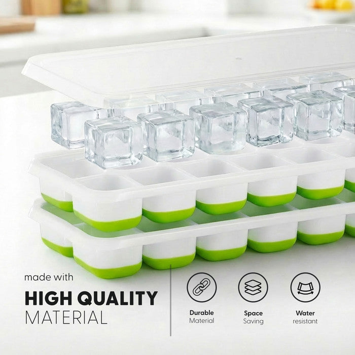 Two green Keplin silicone ice cube trays stacked with spill-proof lid and clear ice cubes, durable space-saving water-resistant freezer mould