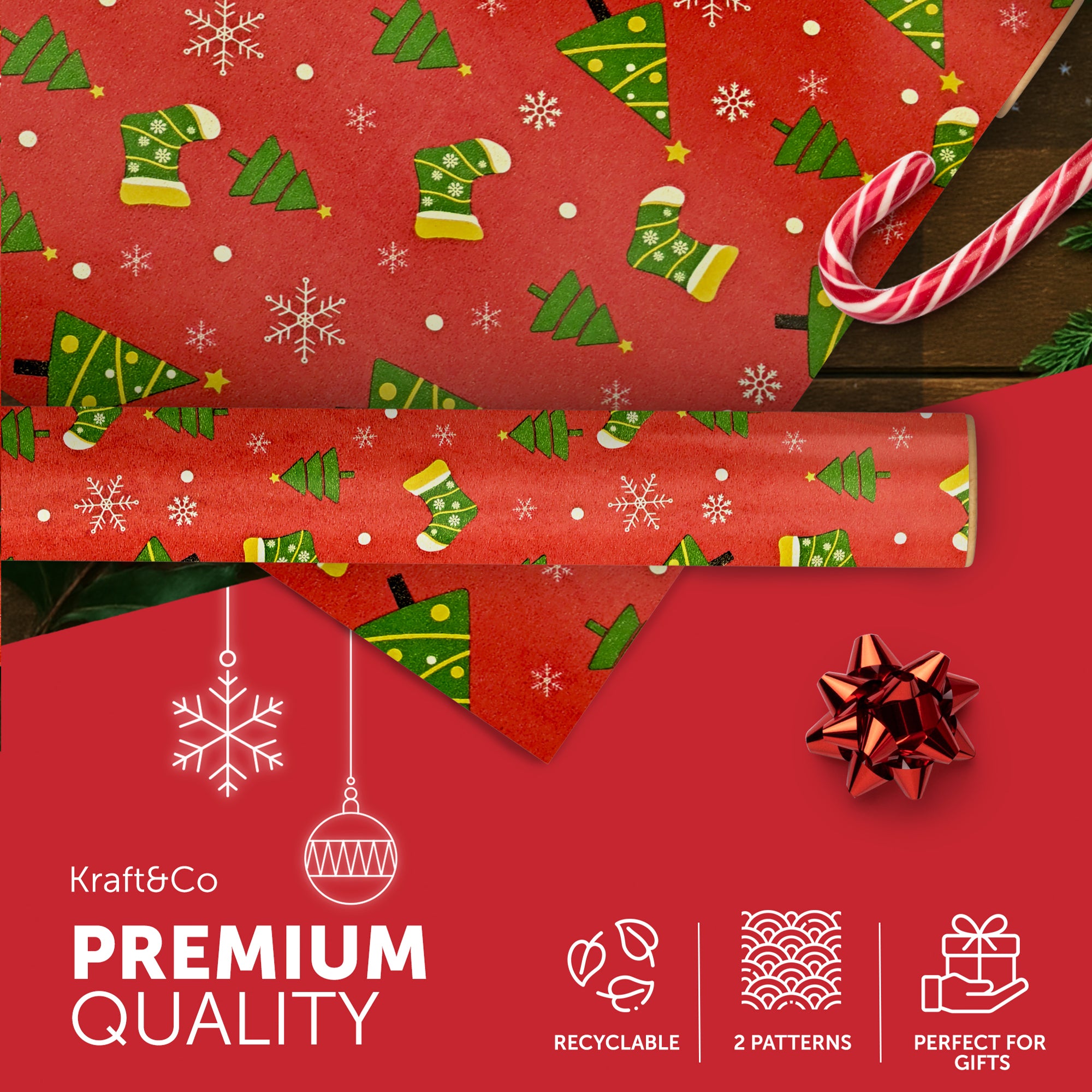 Kraft & Co 2 Pack Christmas Wrapping Paper Roll - Festive Designed Recyclable Kraft Paper, Perfect for Holiday Gifts, Arts & Crafts-Wrapping for a Merry Christmas (44.5cm x 25m)