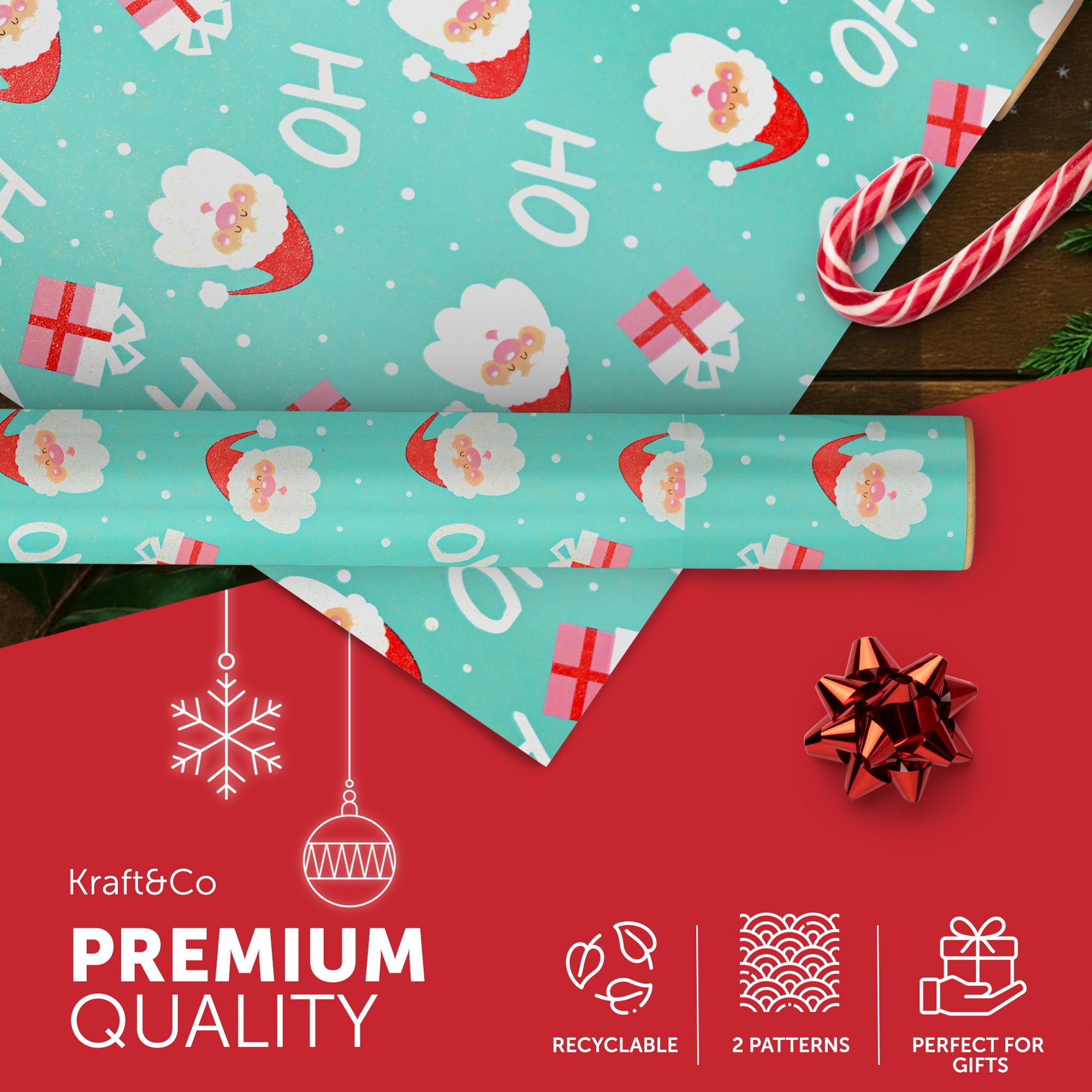 Kraft & Co 2 Pack Christmas Wrapping Paper Roll - Festive Designed Recyclable Kraft Paper, Perfect for Holiday Gifts, Arts & Crafts-Wrapping for a Merry Christmas (44.5cm x 25m)