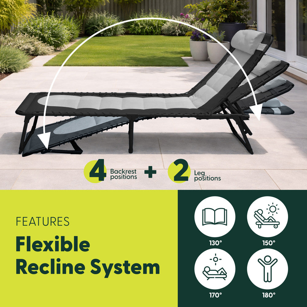 Charcoal Folding Sun Lounger Reclined – 4 Locking Reclining Positions Padded Garden Recliner