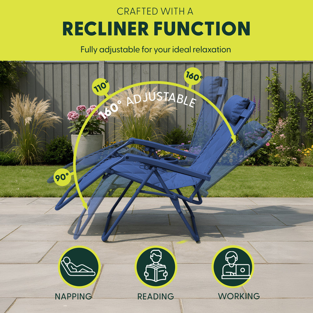 KEPLIN Set of 2 XXL Premium Heavy Duty Quilted Zero Gravity Chairs - Luxurious Garden Recliners, Adjustable Headrest, Cup & Phone Holder, Foldable, Easy to Clean Patio Sun Loungers