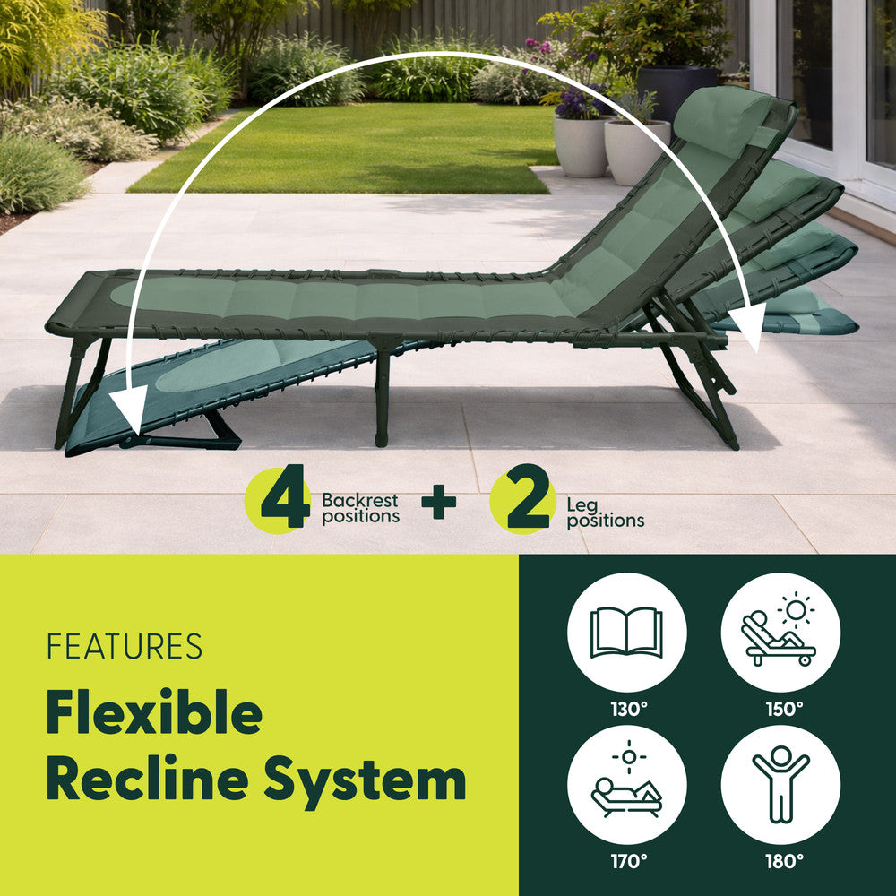 Green Folding Sun Lounger Reclined – 4 Locking Reclining Positions Padded Garden Recliner